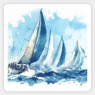 Artist illustration of sailboats racing, in blue hues Sticker